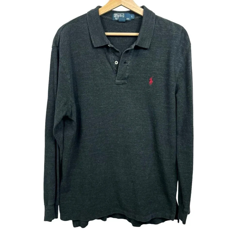 Polo Ralph Lauren 1/4 Button Up Sweater Size Large Gray Red Pony Collared Cotton